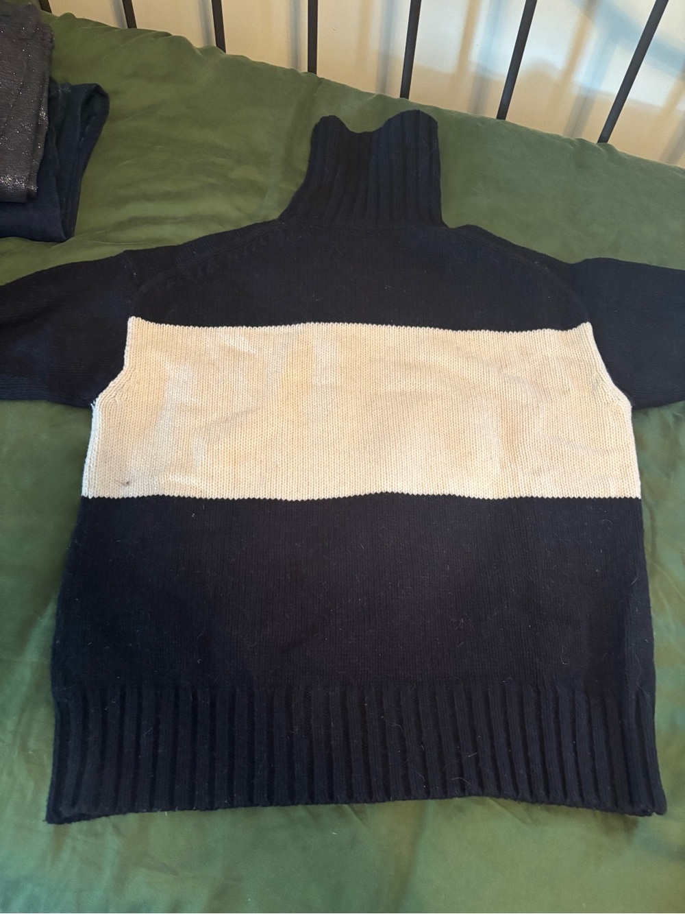 Women’s Crewneck Block-Stripe Sweater in Black and Cream. 3/4 sleeve.